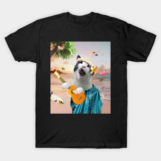 Aloha Hawaiian Cat Kitty Playing Ukulele Beach Funny T-Shirt